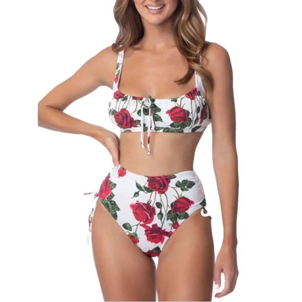 NWT BeachJoy Bikini Large White Red Rose Floral High Waist Bikini Set Ruched Tie